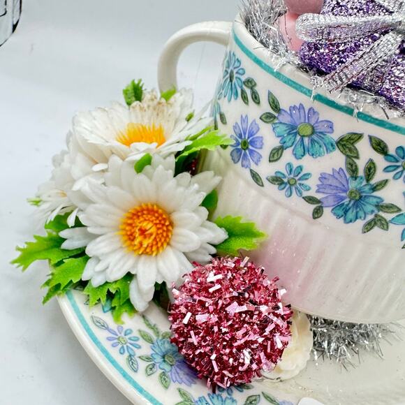 Birthday Pink Elephant Assemblage Decor - tea cup and florals - Picture 3 of 9